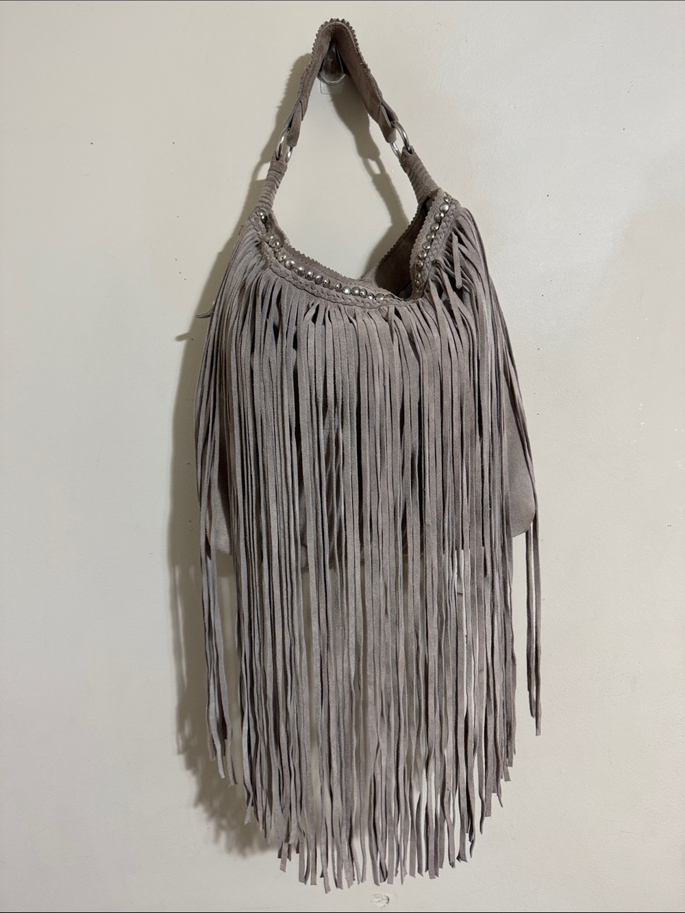 Sondra Roberts Slouchy Soft Suede Fringed and Stud Hobo Bag Taupe Boho Western